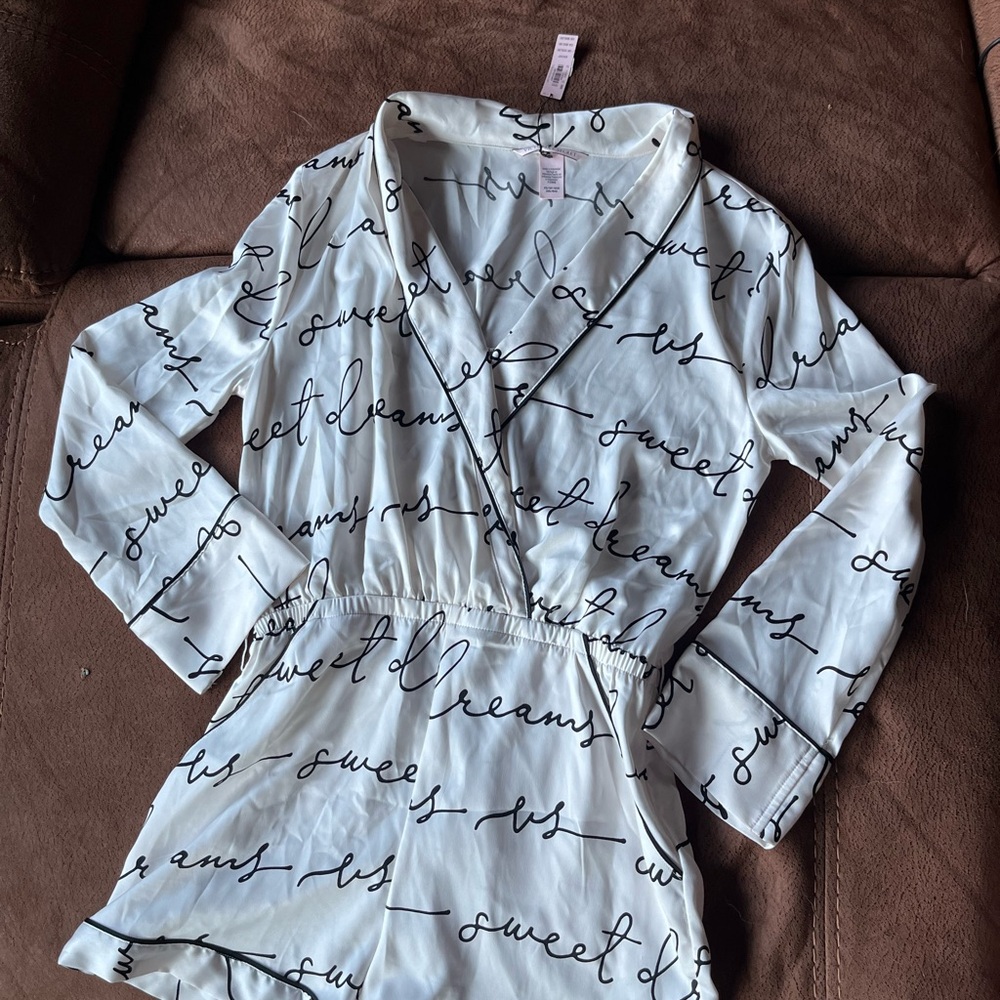 Victoria's Secret White and Black Script one piece pj set